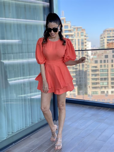 Turuncu Karpuz Kol Kuşaklı Şort Etek Elbise