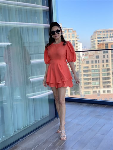 Turuncu Karpuz Kol Kuşaklı Şort Etek Elbise