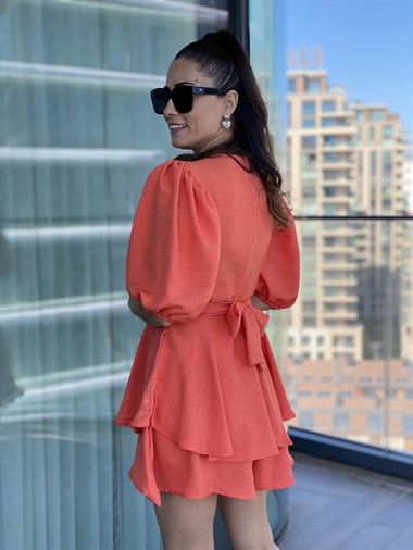 Turuncu Karpuz Kol Kuşaklı Şort Etek Elbise