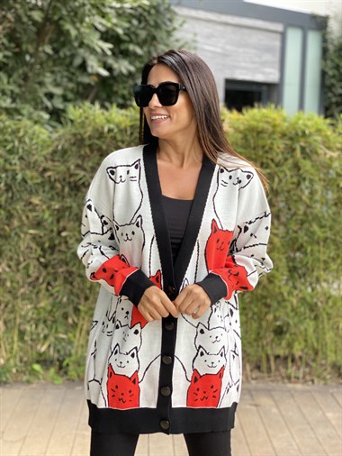 Turuncu Kedi Desenli Düğmeli Kadın Hırka