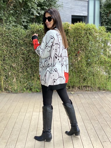 Turuncu Kedi Desenli Düğmeli Kadın Hırka