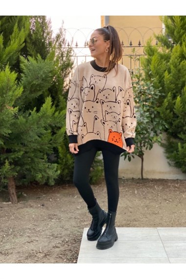 Turuncu Kedili Triko Kazak