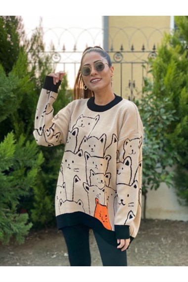 Turuncu Kedili Triko Kazak