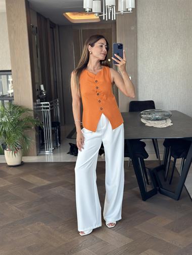 Turuncu Keten Beş Düğmeli Astarlı Kadın Yelek