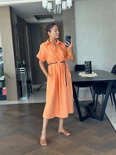 Turuncu Masimo Gömlek Yaka Çift Yırtmaçlı Midi Boy Tnsel Kadın Gömlek Elbise 