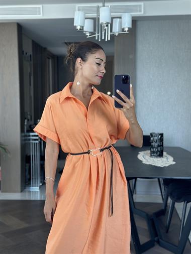 Turuncu Masimo Gömlek Yaka Çift Yırtmaçlı Midi Boy Tnsel Kadın Gömlek Elbise 