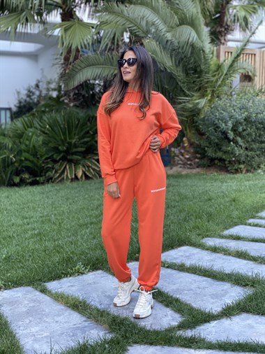 Turuncu Monochrome Kapüşonlu İki İplik Kadın Eşofman Takım