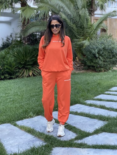 Turuncu Monochrome Kapüşonlu İki İplik Kadın Eşofman Takım