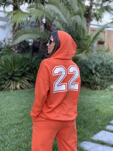 Turuncu Monochrome Kapüşonlu İki İplik Kadın Eşofman Takım