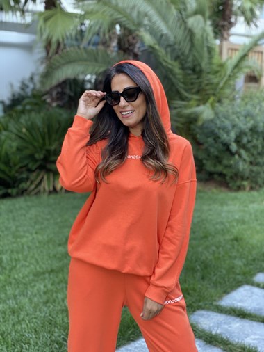 Turuncu Monochrome Kapüşonlu İki İplik Kadın Eşofman Takım