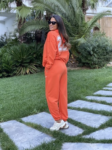 Turuncu Monochrome Kapüşonlu İki İplik Kadın Eşofman Takım