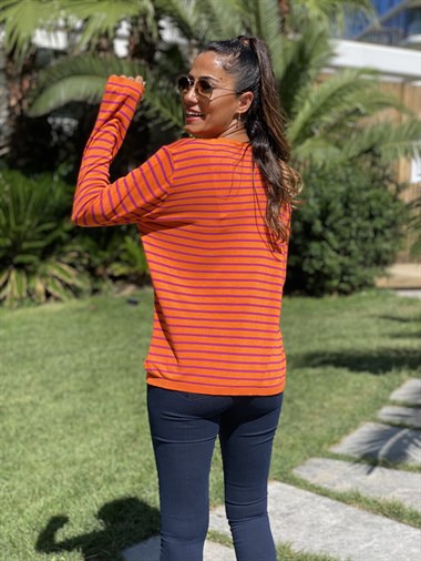 Turuncu Mor Çizgili V Yaka Merserize Kadın Bluz