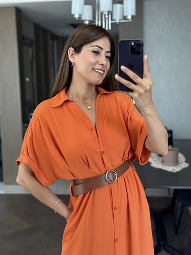 Turuncu Ön Ve Arka Pileli Kısa Kol Kemerli Kadın Gömlek Elbise