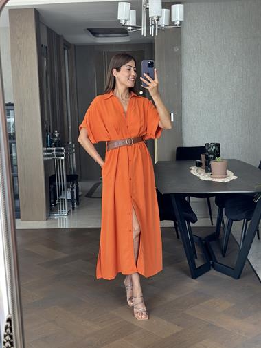 Turuncu Ön Ve Arka Pileli Kısa Kol Kemerli Kadın Gömlek Elbise
