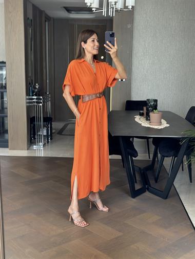 Turuncu Ön Ve Arka Pileli Kısa Kol Kemerli Kadın Gömlek Elbise