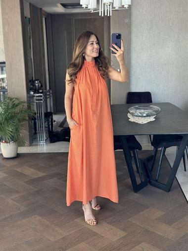 Turuncu Ön Yakası İki Düğmeli Maksi Boy Masimo Tnsel Kadın Elbise