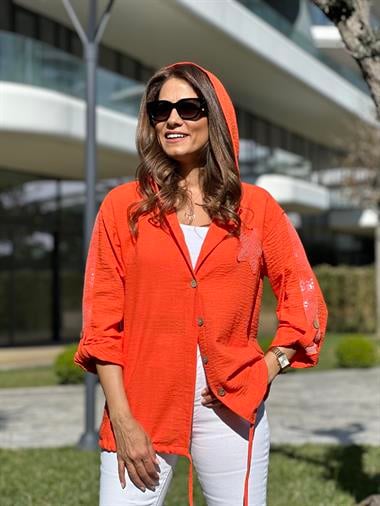 Turuncu Önü Yıldız İşlemeli Kapüşonlu Keten Aerobin Kadın Ceket