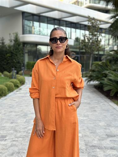 Turuncu Gömlek Palazzo Pantolon Keten Kadın Alt Üst Takım