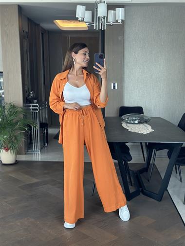 Turuncu Gömlek Palazzo Pantolon Keten Kadın Alt Üst Takım