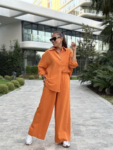 Turuncu Gömlek Palazzo Pantolon Keten Kadın Alt Üst Takım