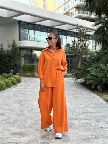 Turuncu Gömlek Palazzo Pantolon Keten Kadın Alt Üst Takım