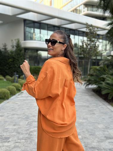 Turuncu Gömlek Palazzo Pantolon Keten Kadın Alt Üst Takım