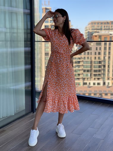 Turuncu Papatya Desenli Beli Lastikli Poplin Elbise