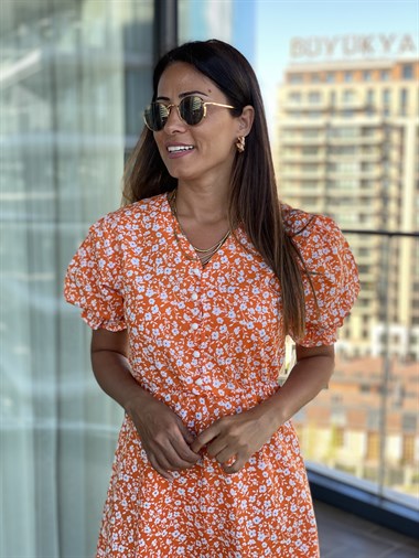 Turuncu Papatya Desenli Beli Lastikli Poplin Elbise