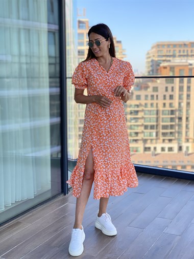 Turuncu Papatya Desenli Beli Lastikli Poplin Elbise