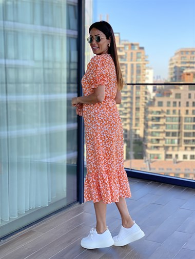 Turuncu Papatya Desenli Beli Lastikli Poplin Elbise