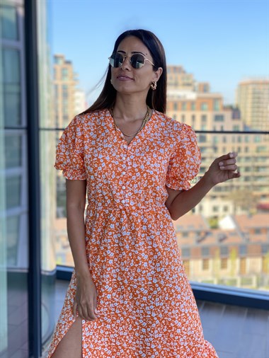 Turuncu Papatya Desenli Beli Lastikli Poplin Elbise