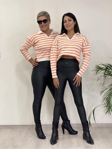 Turuncu Polo Yaka Çizgili Triko Kadın Kazak