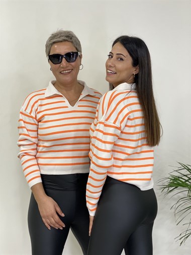 Turuncu Polo Yaka Çizgili Triko Kadın Kazak