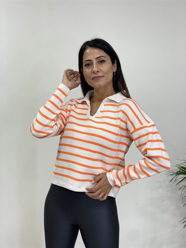 Turuncu Polo Yaka Çizgili Triko Kadın Kazak