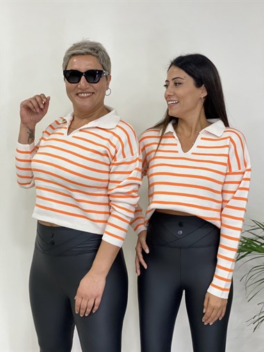 Turuncu Polo Yaka Çizgili Triko Kadın Kazak
