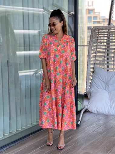 Turuncu Portakal Desenli Kloş Kadın Elbise