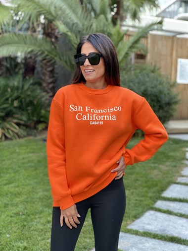 Turuncu San Bisiklet Yaka Kadın Sweatshirt
