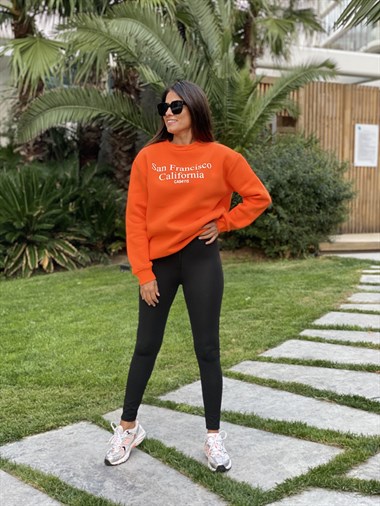 Turuncu San Bisiklet Yaka Kadın Sweatshirt