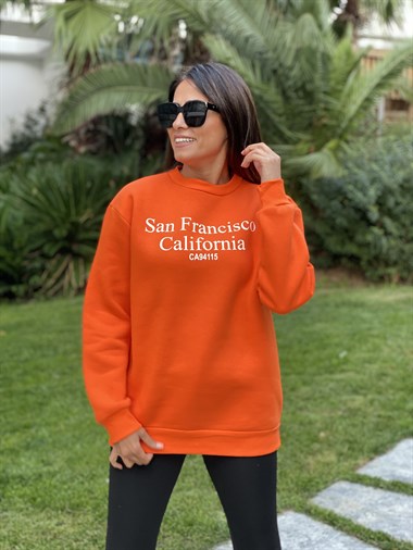 Turuncu San Bisiklet Yaka Kadın Sweatshirt