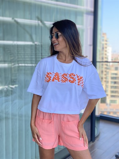 Turuncu Sassy Boncuk Detaylı Kadın T-Shirt