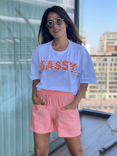Turuncu Sassy Boncuk Detaylı Kadın T-Shirt