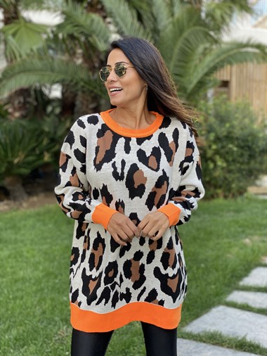Turuncu Şerit Detay Leopar Kadın Kazak