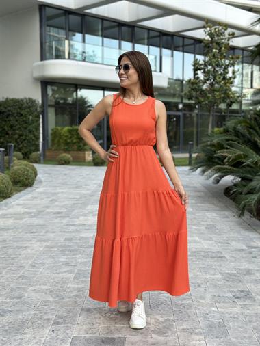 Turuncu Sıfır Kol Gofre Beli Lastikli Kadın Elbise
