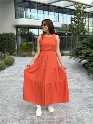 Turuncu Sıfır Kol Gofre Beli Lastikli Kadın Elbise