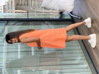 Turuncu Sıfır Kol Ham Keten Çan Kadın Elbise