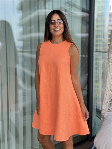 Turuncu Sıfır Kol Ham Keten Çan Kadın Elbise