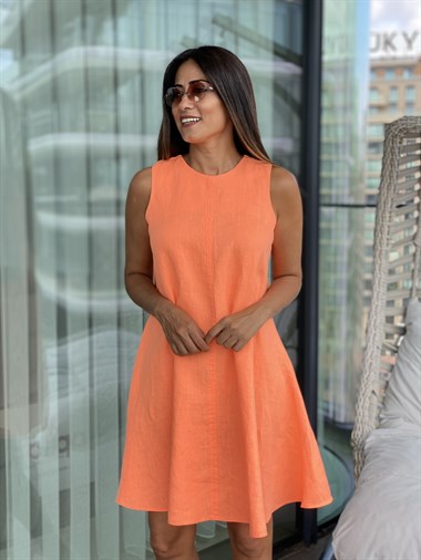 Turuncu Sıfır Kol Ham Keten Çan Kadın Elbise
