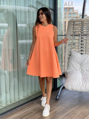 Turuncu Sıfır Kol Ham Keten Çan Kadın Elbise