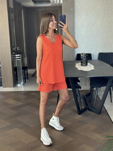 Turuncu Sıfır Kol V Yaka Bluz Şort Kadın İkili Takım