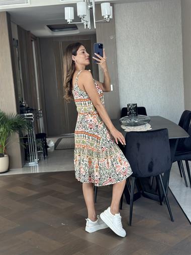 Turuncu Sulu Desen İp Askılı Önü Düğmeli Viskon Kadın Elbise
